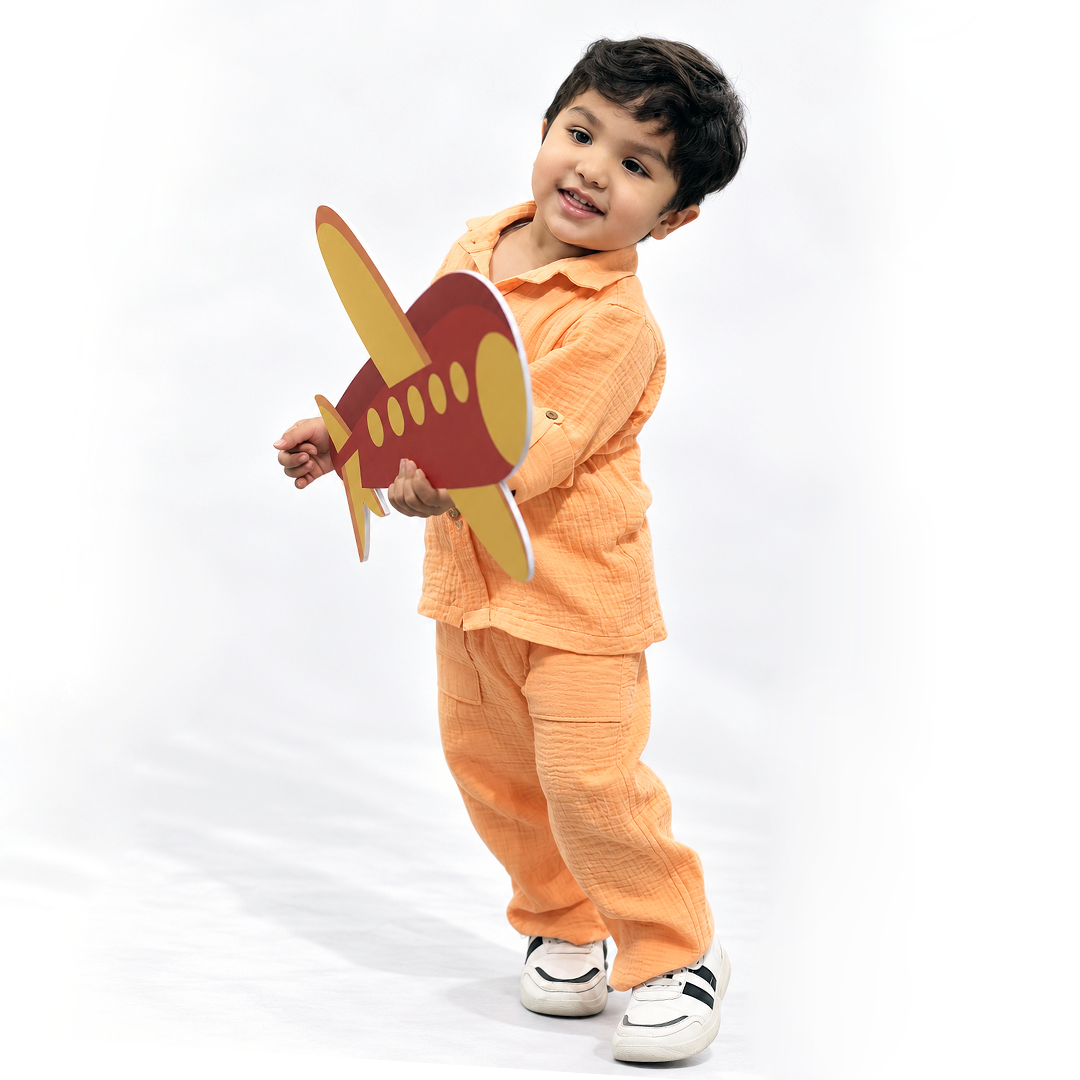 Cotton Muslin Shirt & Pants Co-Ord Set for Boys - Orange