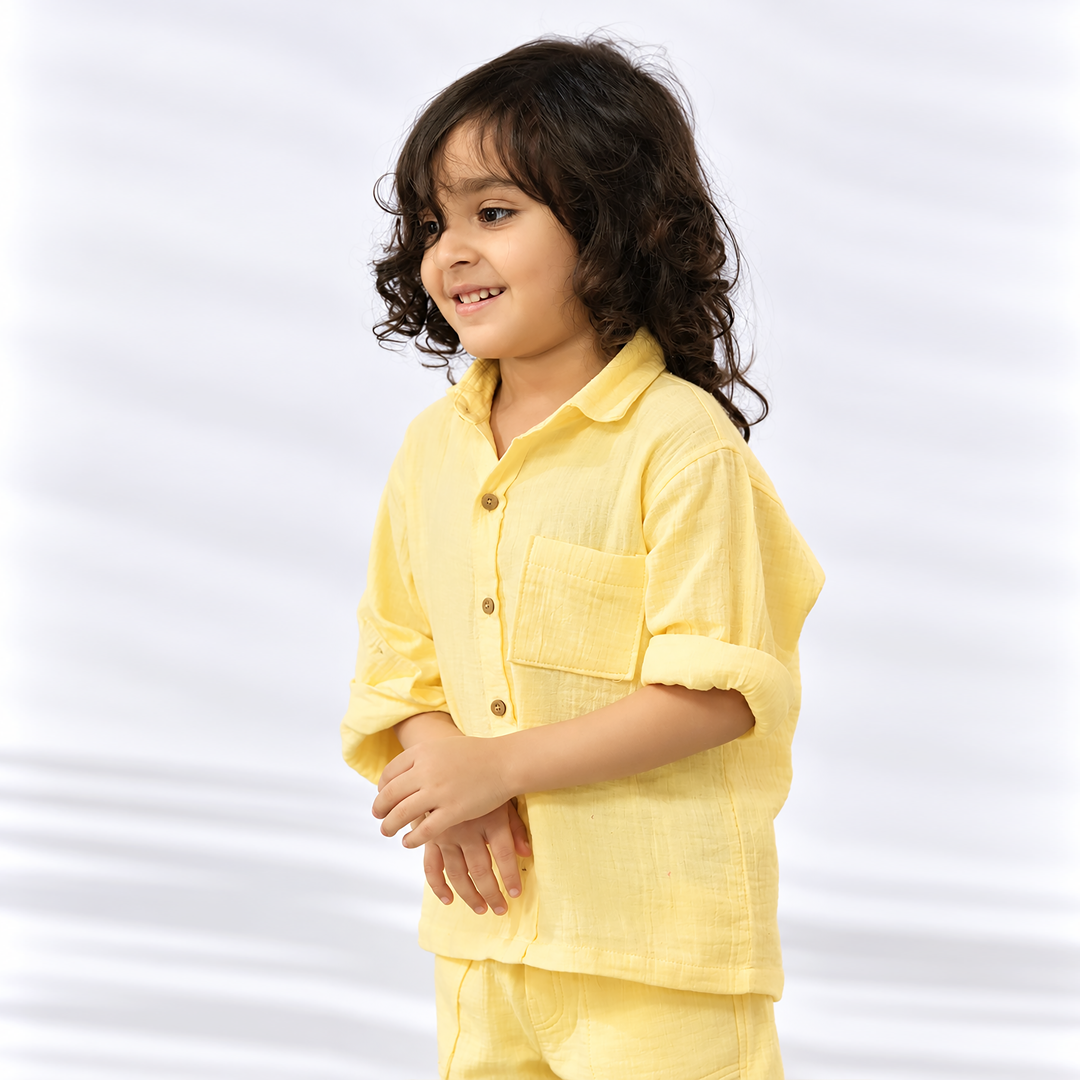 Cotton Muslin Shirt & Pants Co-Ord Set for Boys - Yellow