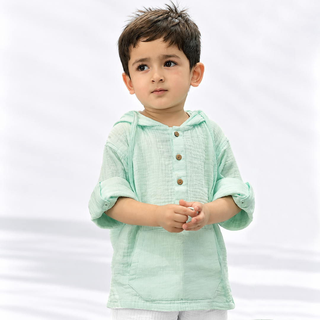 Cotton Muslin Hooded Co-Ord Set for Boys - Sky Blue