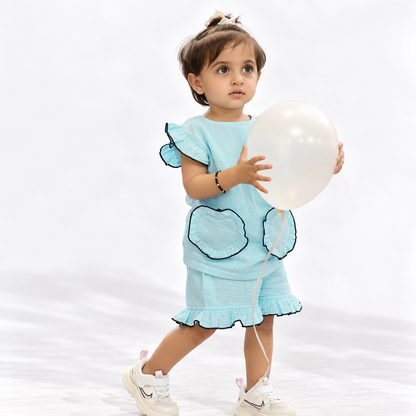 Cotton Muslin Ruffle Co-Ord Set with Sling Bag - Blue