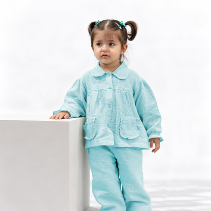 Cotton Muslin Flared Pants Co-Ord Set for Girls - Sky Blue