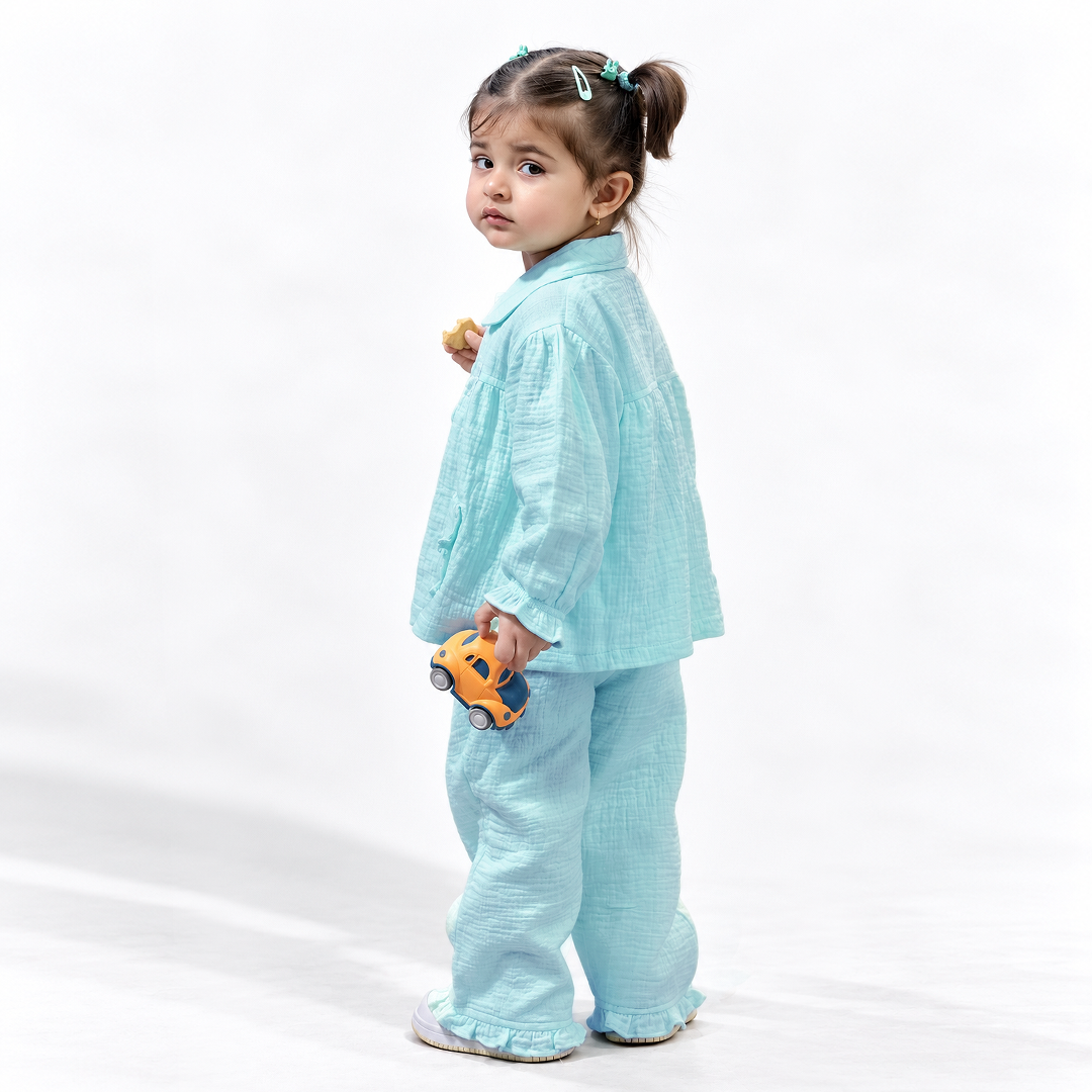 Cotton Muslin Flared Pants Co-Ord Set for Girls - Sky Blue