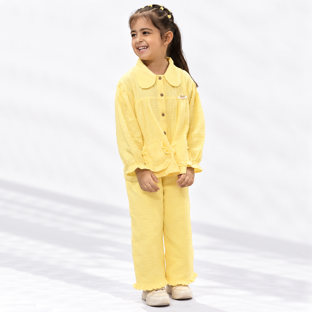 Cotton Muslin Flared Pants Co-Ord Set for Girls - Yellow