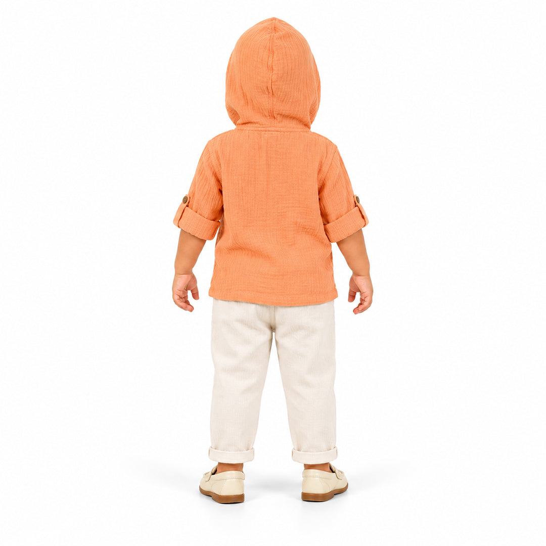 Cotton Muslin Hooded Co-Ord Set for Boys - Orange