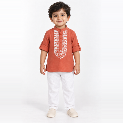 Festive Bloom Cotton Muslin Kurta & Pants Set-peach