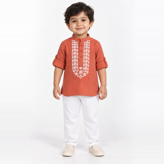 Festive Bloom Cotton Muslin Kurta & Pants Set-peach