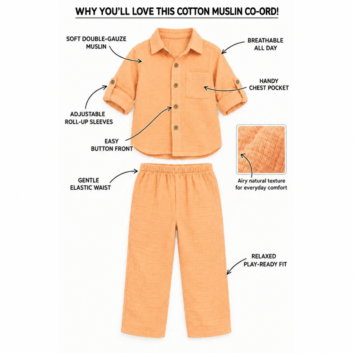 Cotton Muslin Shirt & Pants Co-Ord Set for Boys - Orange