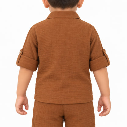 Cotton Muslin Shorts Co-Ord Set for Boys - Brown