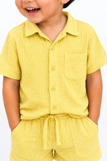 Muslin Henley Co-Ord Set-YELLOW