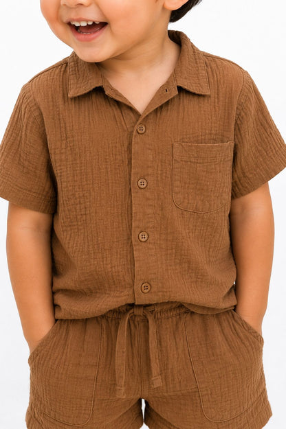 Muslin Henley Co-Ord Set-BROWN