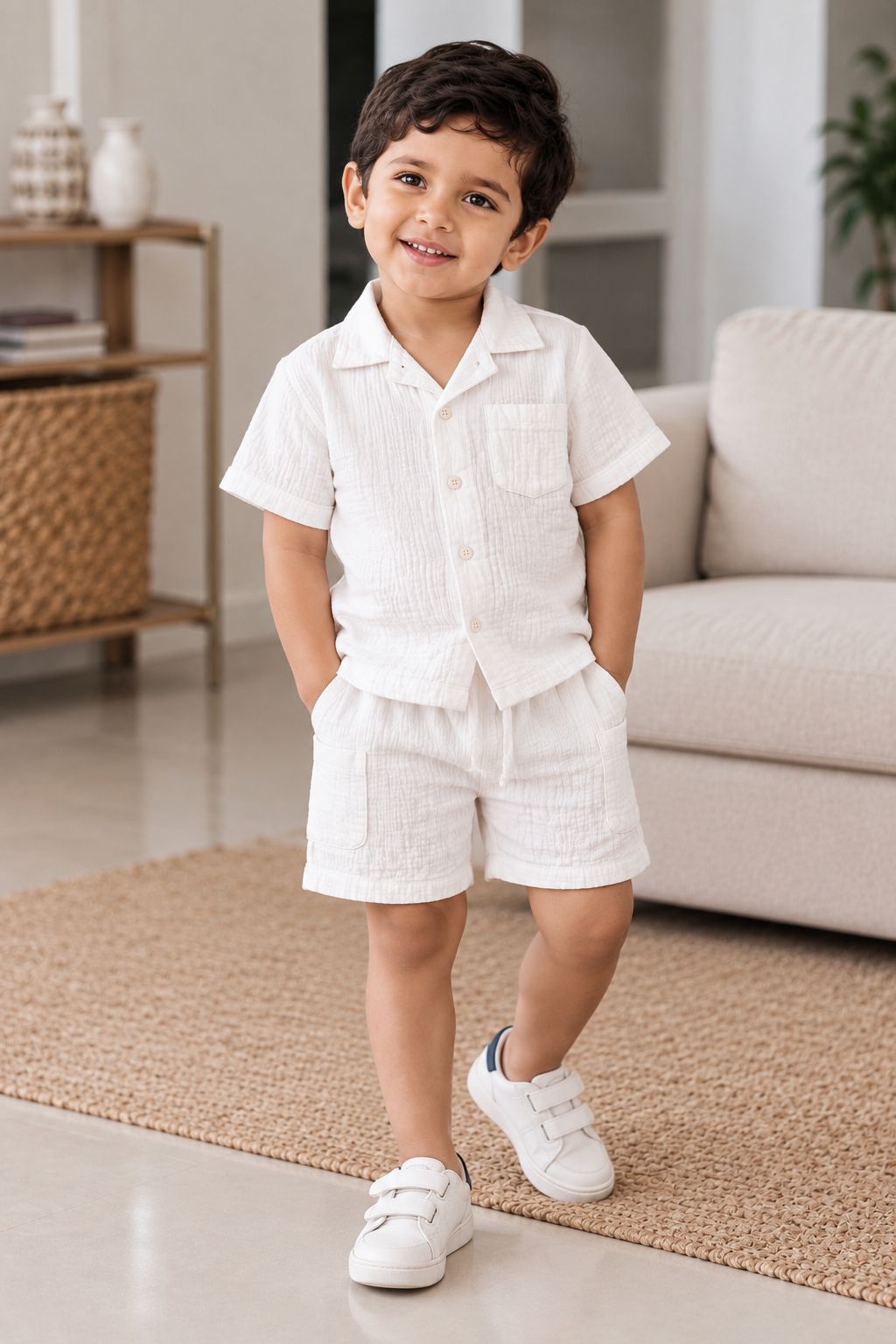 Muslin Henley Co-Ord Set-WHITE