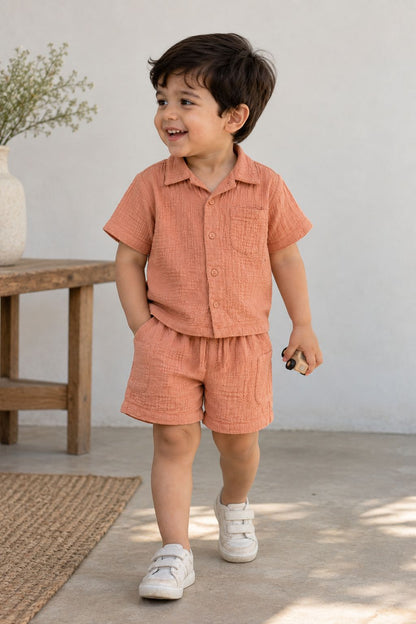 Muslin Henley Co-Ord Set-PEACH