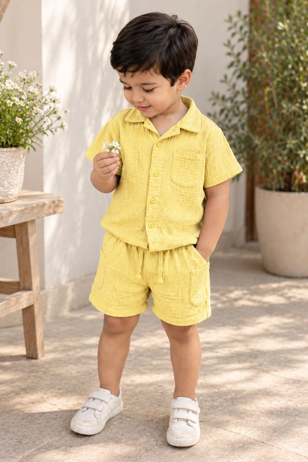 Muslin Henley Co-Ord Set-YELLOW