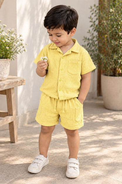 Muslin Henley Co-Ord Set-YELLOW