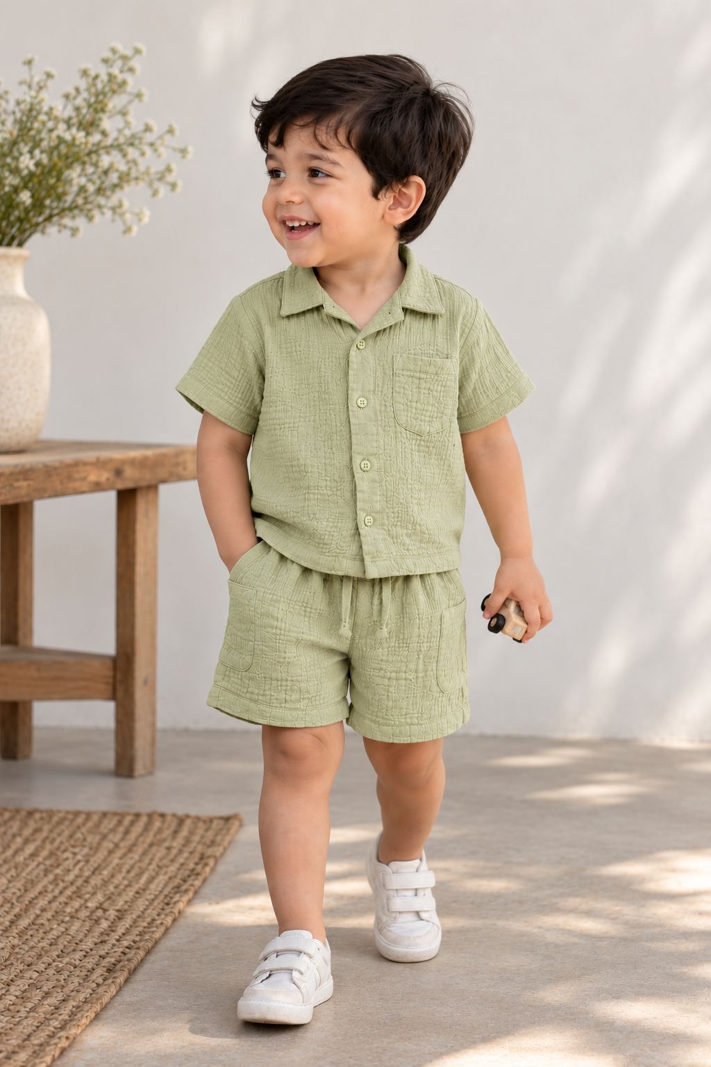 Muslin Henley Co-Ord Set-GREEN