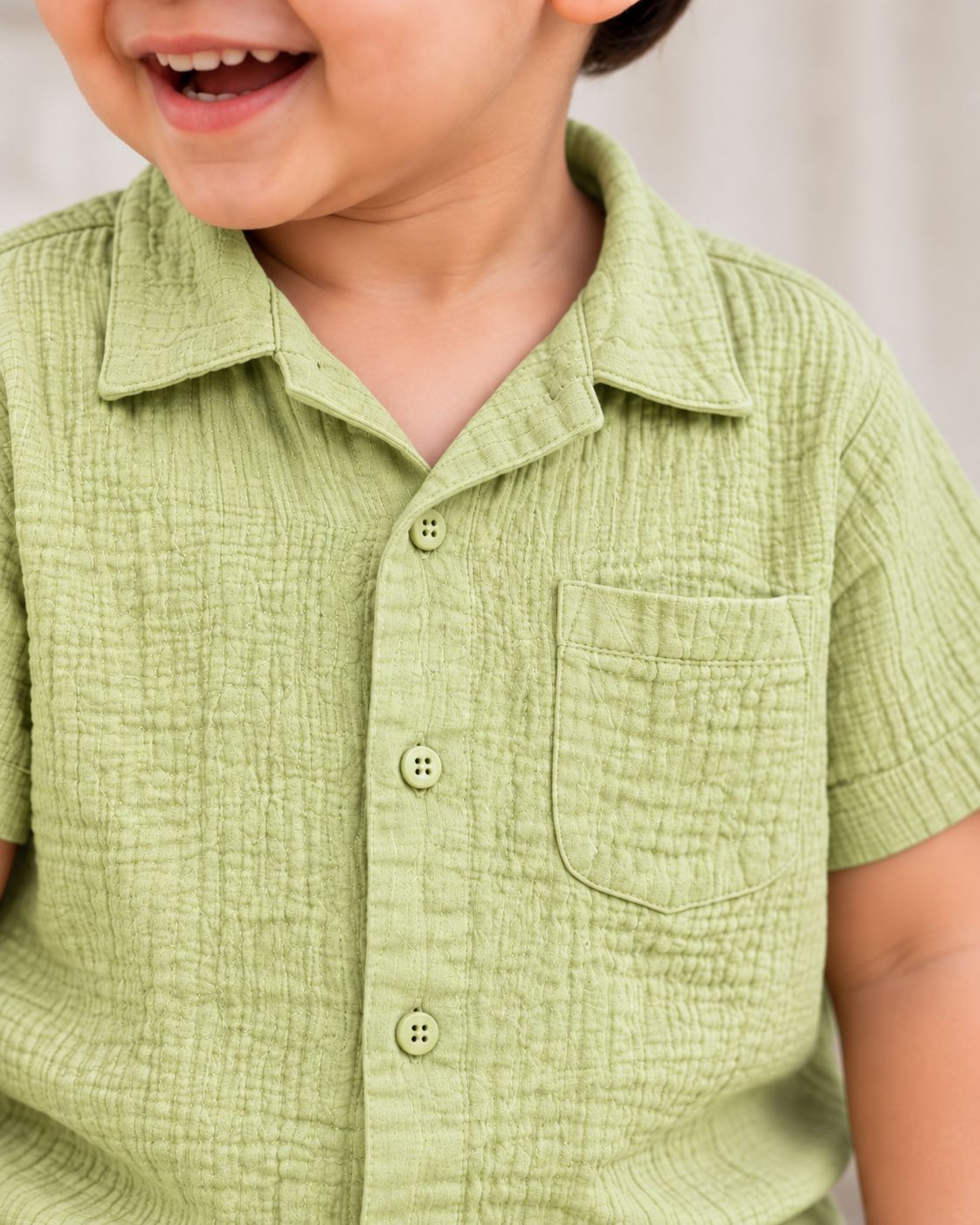 Muslin Henley Co-Ord Set-GREEN