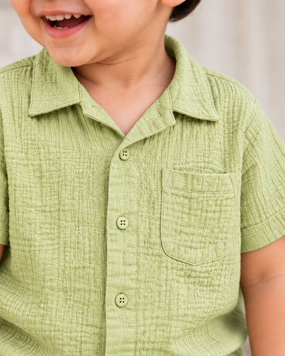 Muslin Henley Co-Ord Set-GREEN