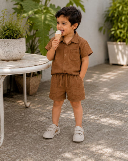 Muslin Henley Co-Ord Set-BROWN