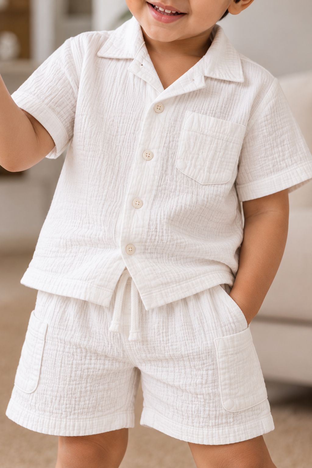 Muslin Henley Co-Ord Set-WHITE