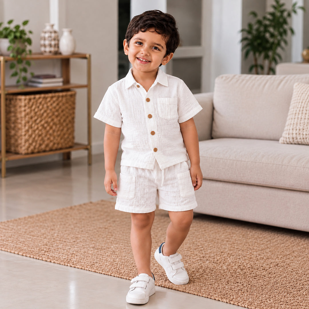 Cotton Muslin Shorts Co-Ord Set for Boys - White