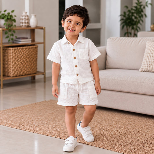 Cotton Muslin Shorts Co-Ord Set for Boys - White