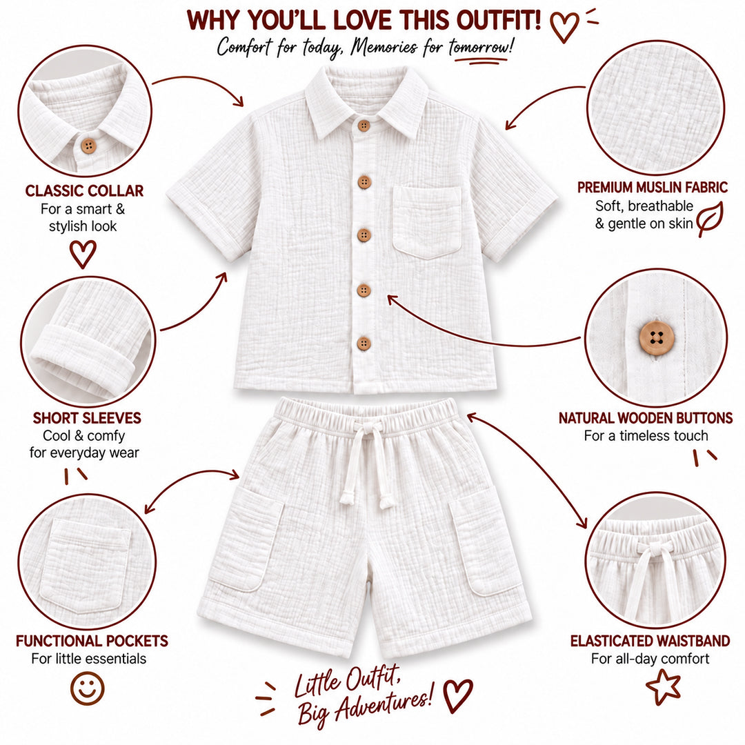 Cotton Muslin Shorts Co-Ord Set for Boys - White