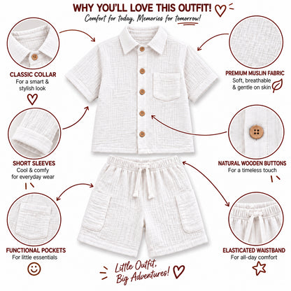 Cotton Muslin Shorts Co-Ord Set for Boys - White