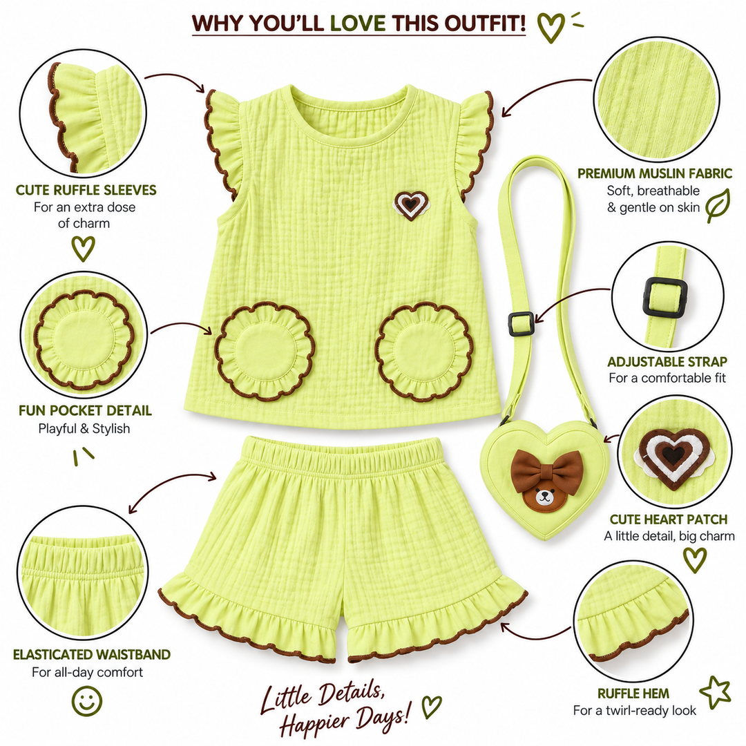Cotton Muslin Ruffle Co-Ord Set with Sling Bag - Green