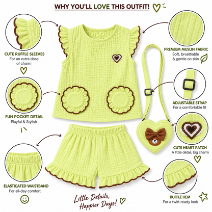 Cotton Muslin Ruffle Co-Ord Set with Sling Bag - Green