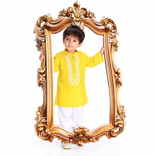 Festive Bloom Cotton Muslin Kurta & Pants Set-yellow