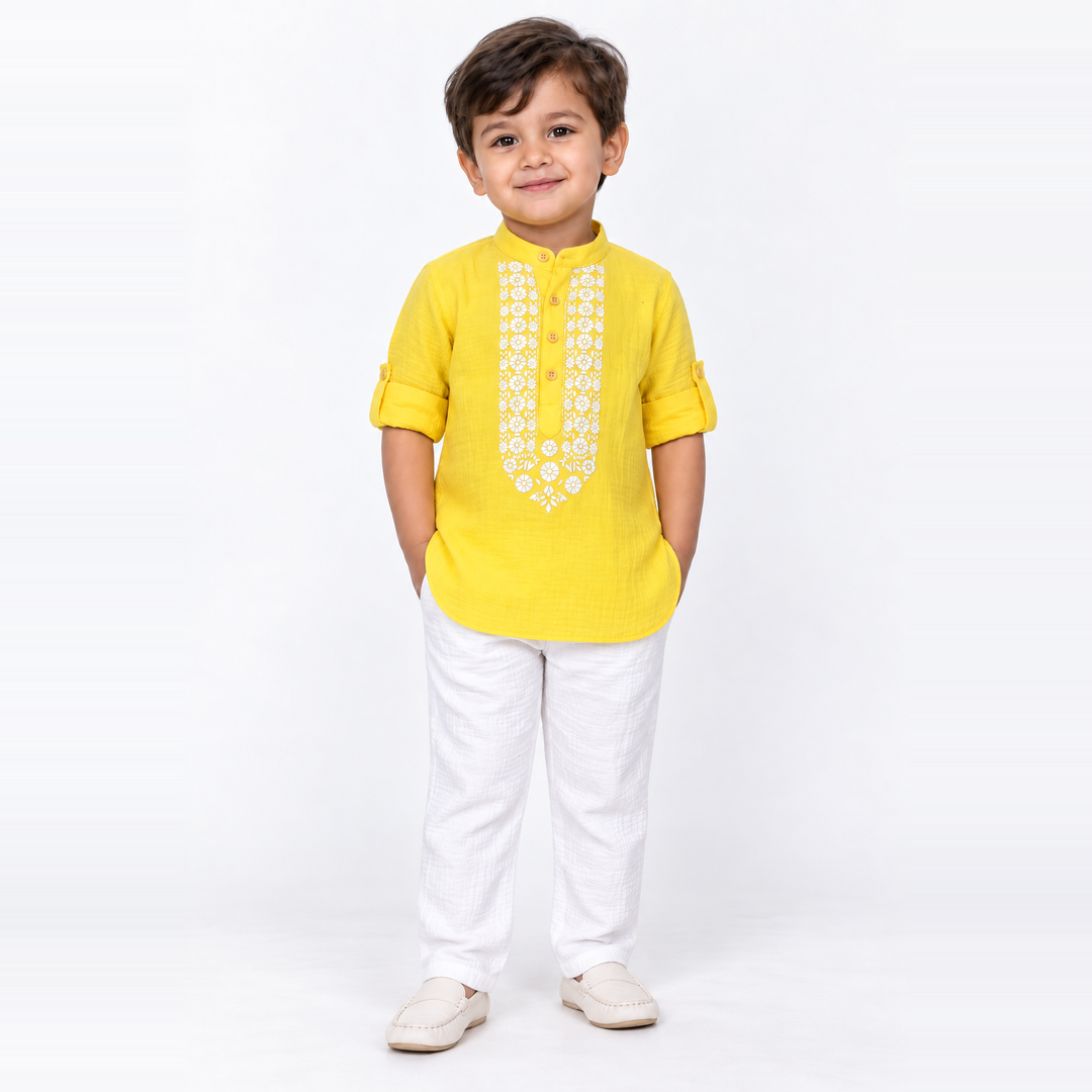 Festive Bloom Cotton Muslin Kurta & Pants Set-yellow