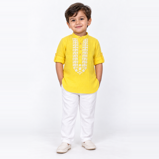 Festive Bloom Cotton Muslin Kurta & Pants Set-yellow