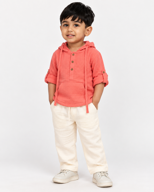 Cotton Muslin Hooded Co-Ord Set for Boys - Pink