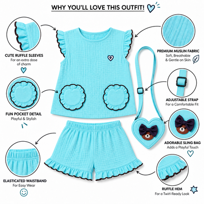 Cotton Muslin Ruffle Co-Ord Set with Sling Bag - Blue