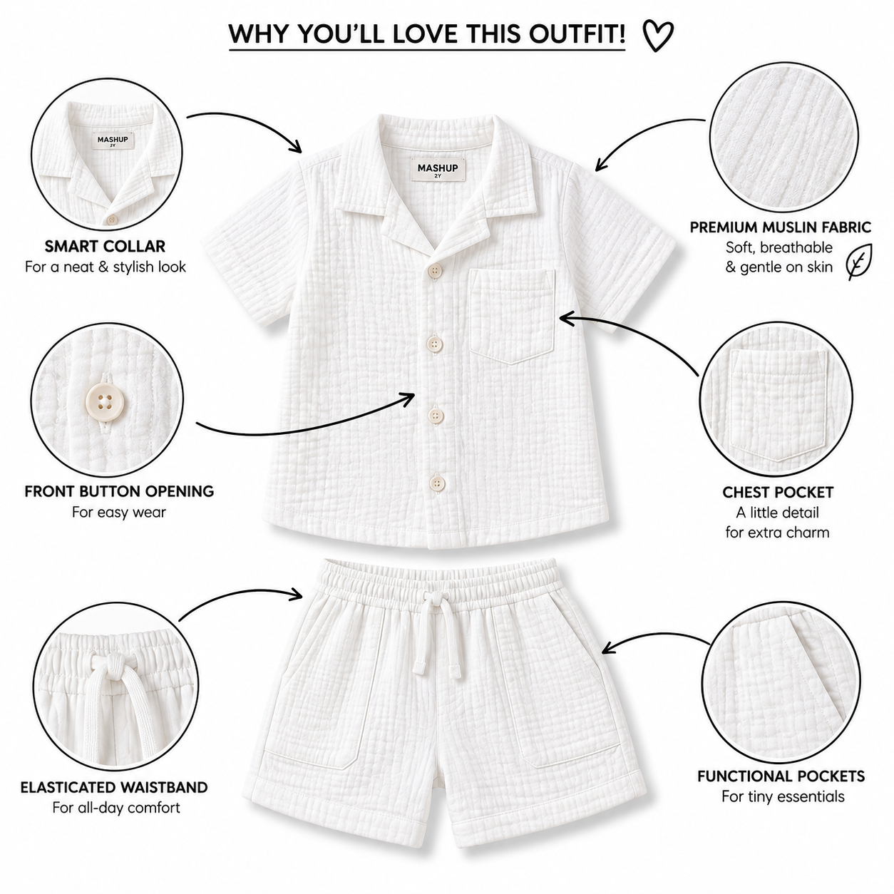 Cotton Muslin Shorts Co-Ord Set for Boys - White