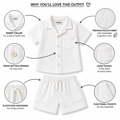 Cotton Muslin Shorts Co-Ord Set for Boys - White