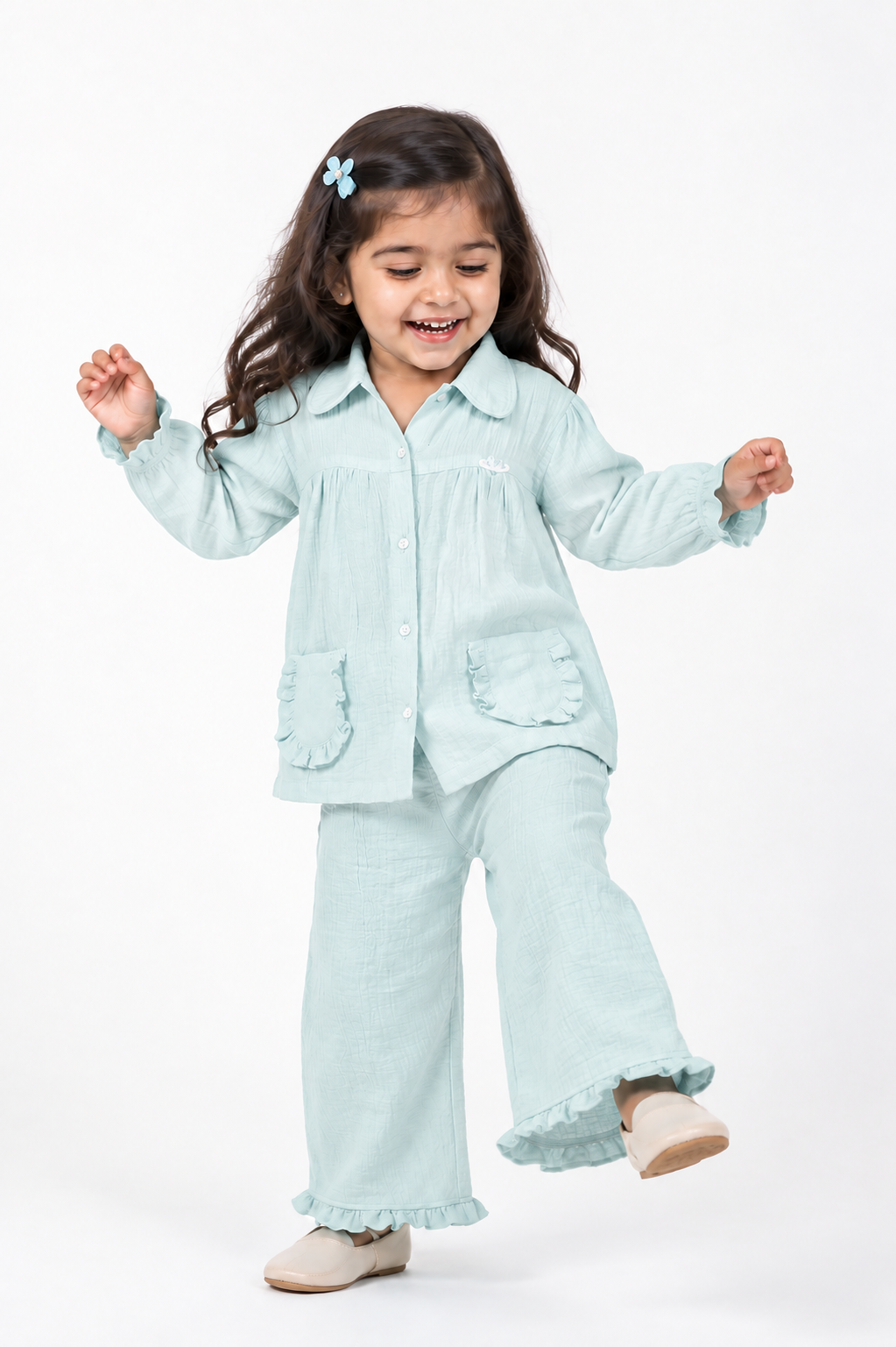 Cotton Muslin Flared Pants Co-Ord Set for Girls - Sky Blue