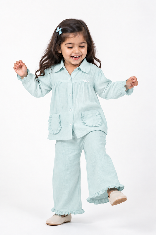 Cotton Muslin Flared Pants Co-Ord Set for Girls - Sky Blue