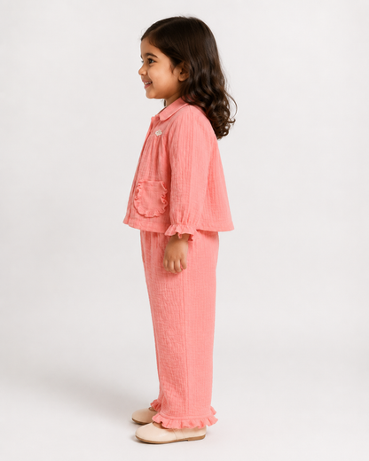 Ruffle Pocket Muslin Co-Ord Set-PINK