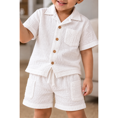 Cotton Muslin Shorts Co-Ord Set for Boys - White