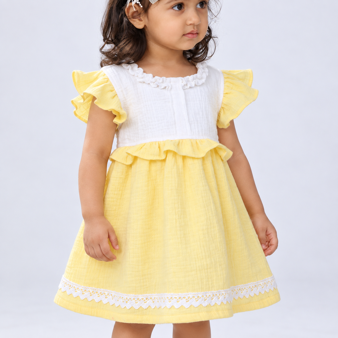 Little Twirl Cotton Muslin Dress-Yellow