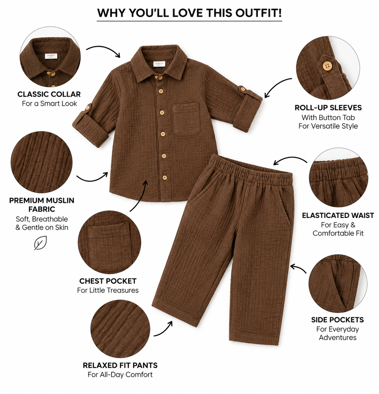 Cotton Muslin Shirt & Pants Co-Ord Set for Boys - Brown