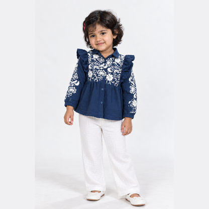 Butterfly Meadow Cotton Muslin Top & Pants Set-Blue