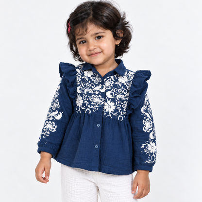 Butterfly Meadow Cotton Muslin Top & Pants Set-Blue
