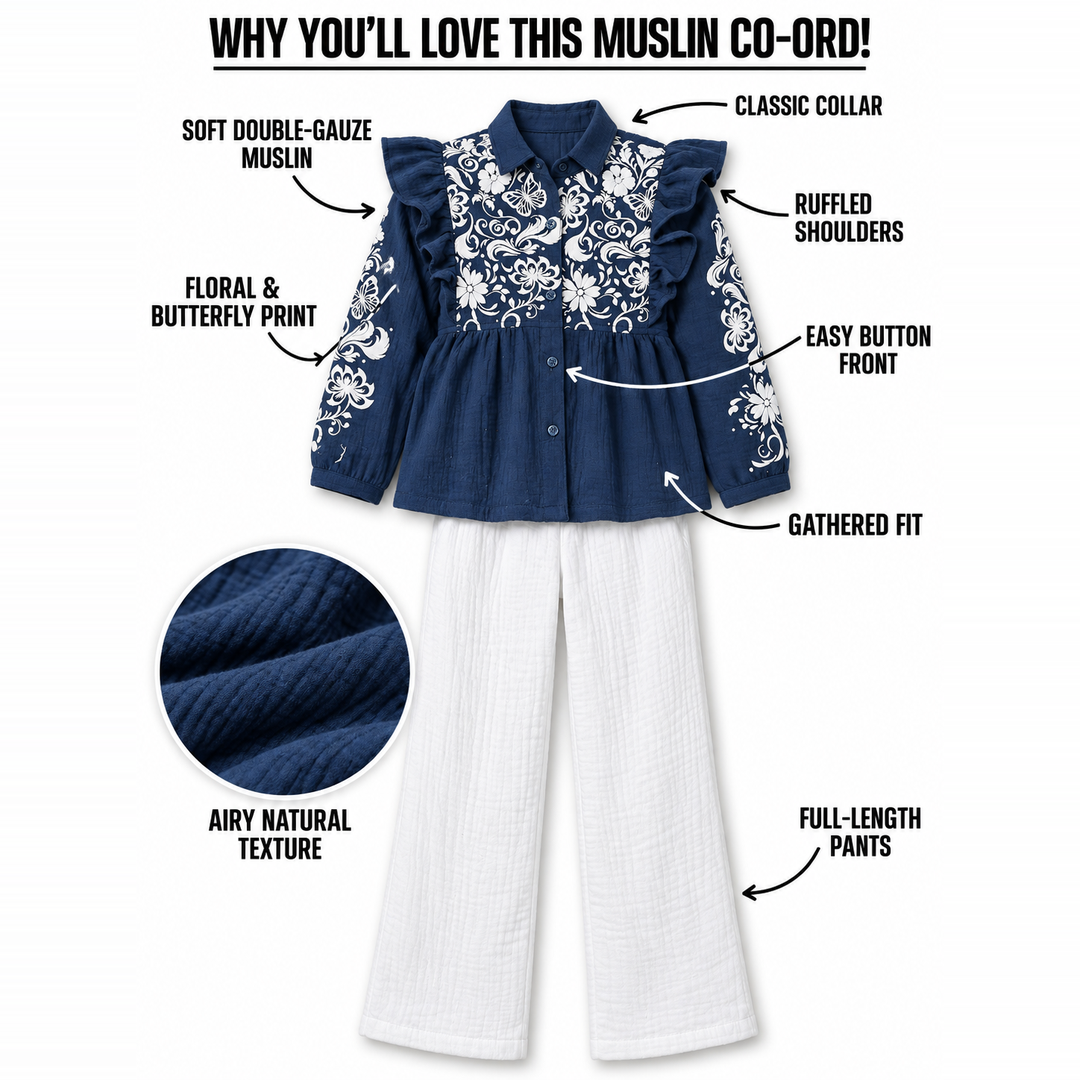 Butterfly Meadow Cotton Muslin Top & Pants Set-Blue
