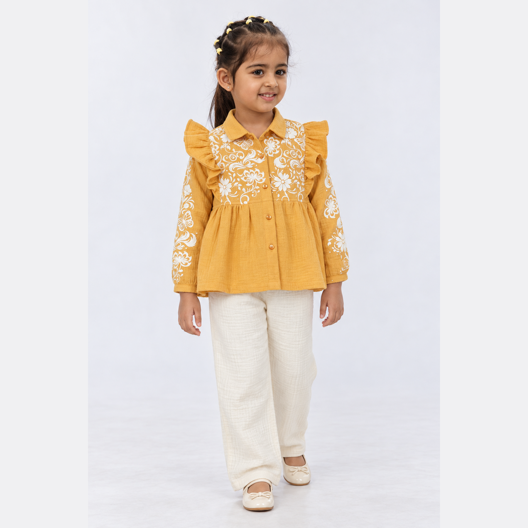 Butterfly Meadow Cotton Muslin Top & Pants Set-Mustard