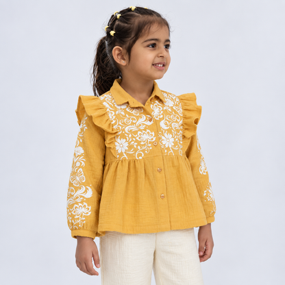 Butterfly Meadow Cotton Muslin Top & Pants Set-Mustard