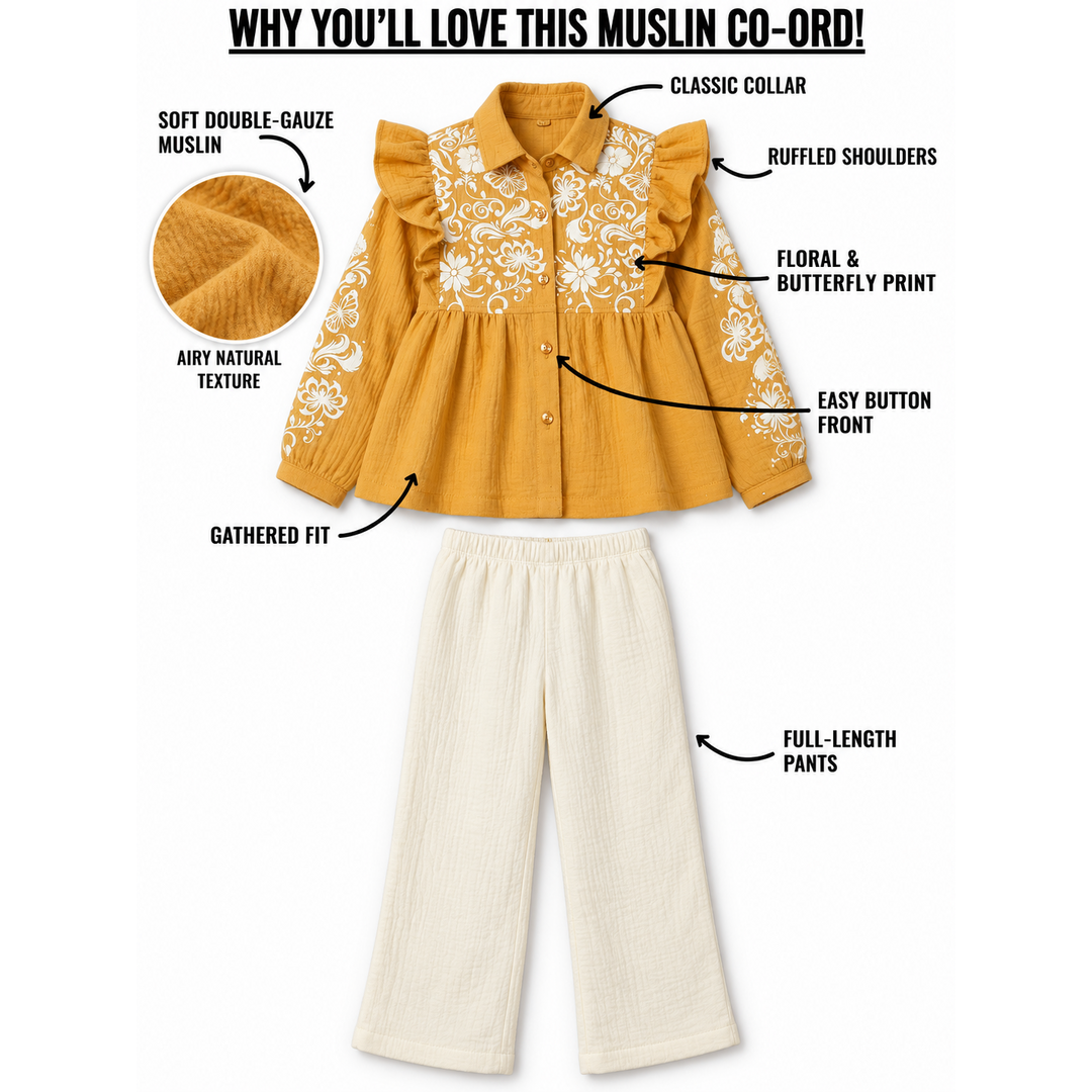 Butterfly Meadow Cotton Muslin Top & Pants Set-Mustard