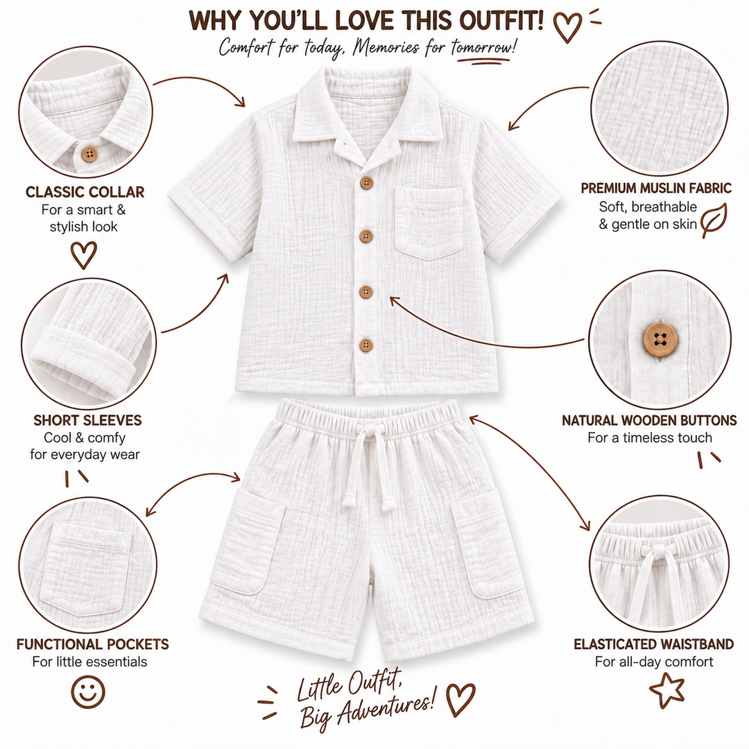 Cotton Muslin Shorts Co-Ord Set for Boys - White