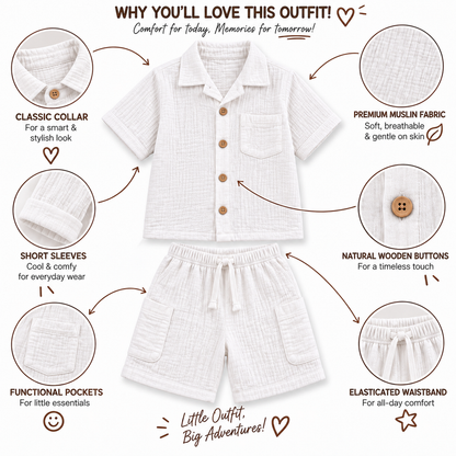 Cotton Muslin Shorts Co-Ord Set for Boys - White